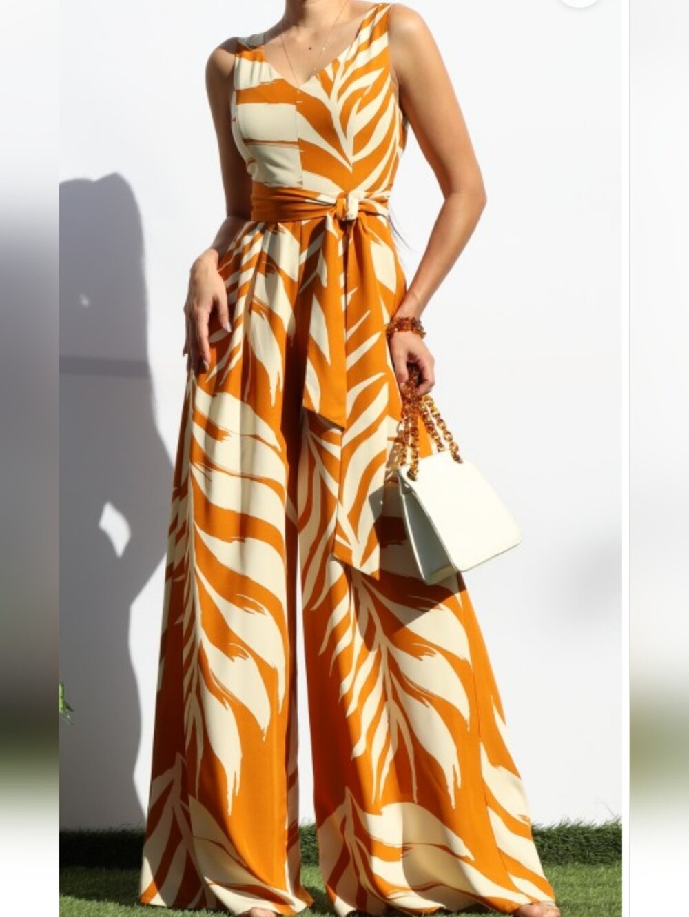 Leaf Print Wide-Leg Jumpsuit Sleeveless in Mustard & Cream NWT